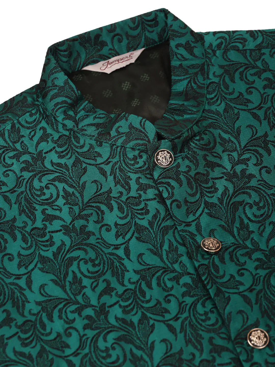 Jompers Men's Solid Kurta Pyjama With Green Woven Design Nehru Jacket