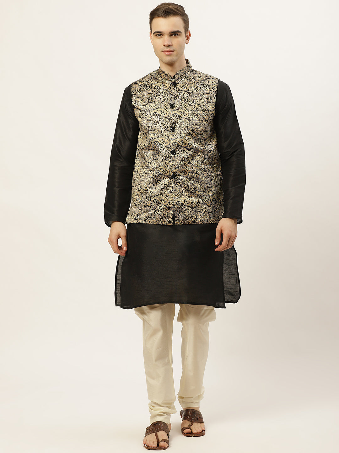 Jompers Men's Printed Nehru Jacket and Kurta Pyjama Set - Golden