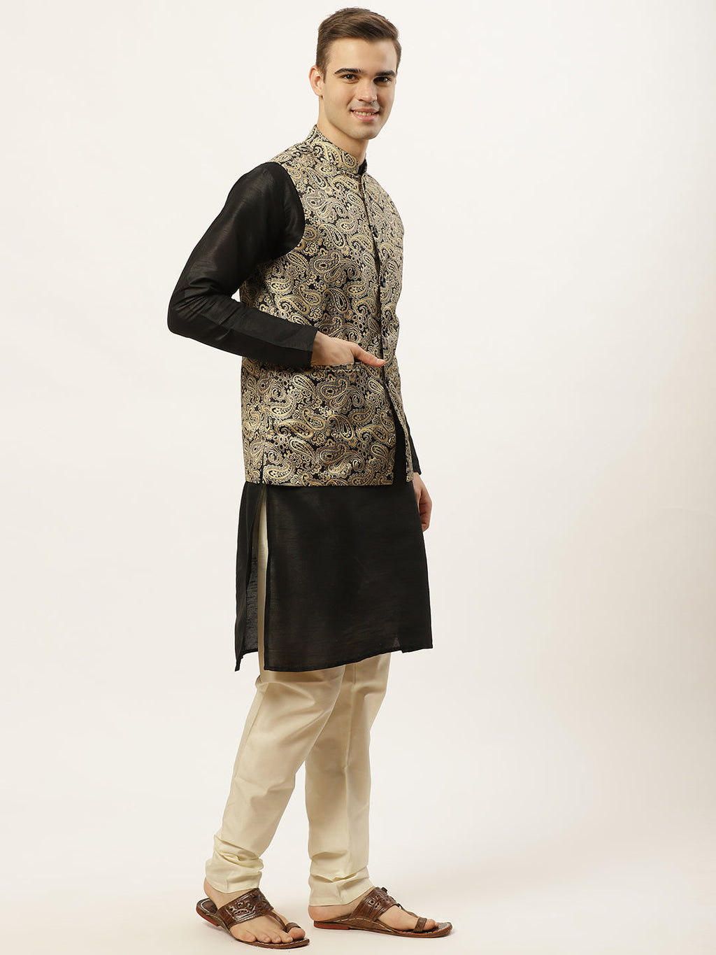 Jompers Men's Printed Nehru Jacket and Kurta Pyjama Set - Golden
