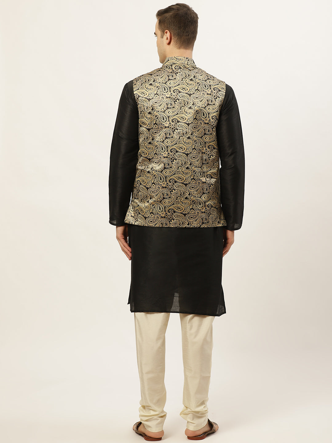 Jompers Men's Printed Nehru Jacket and Kurta Pyjama Set - Golden
