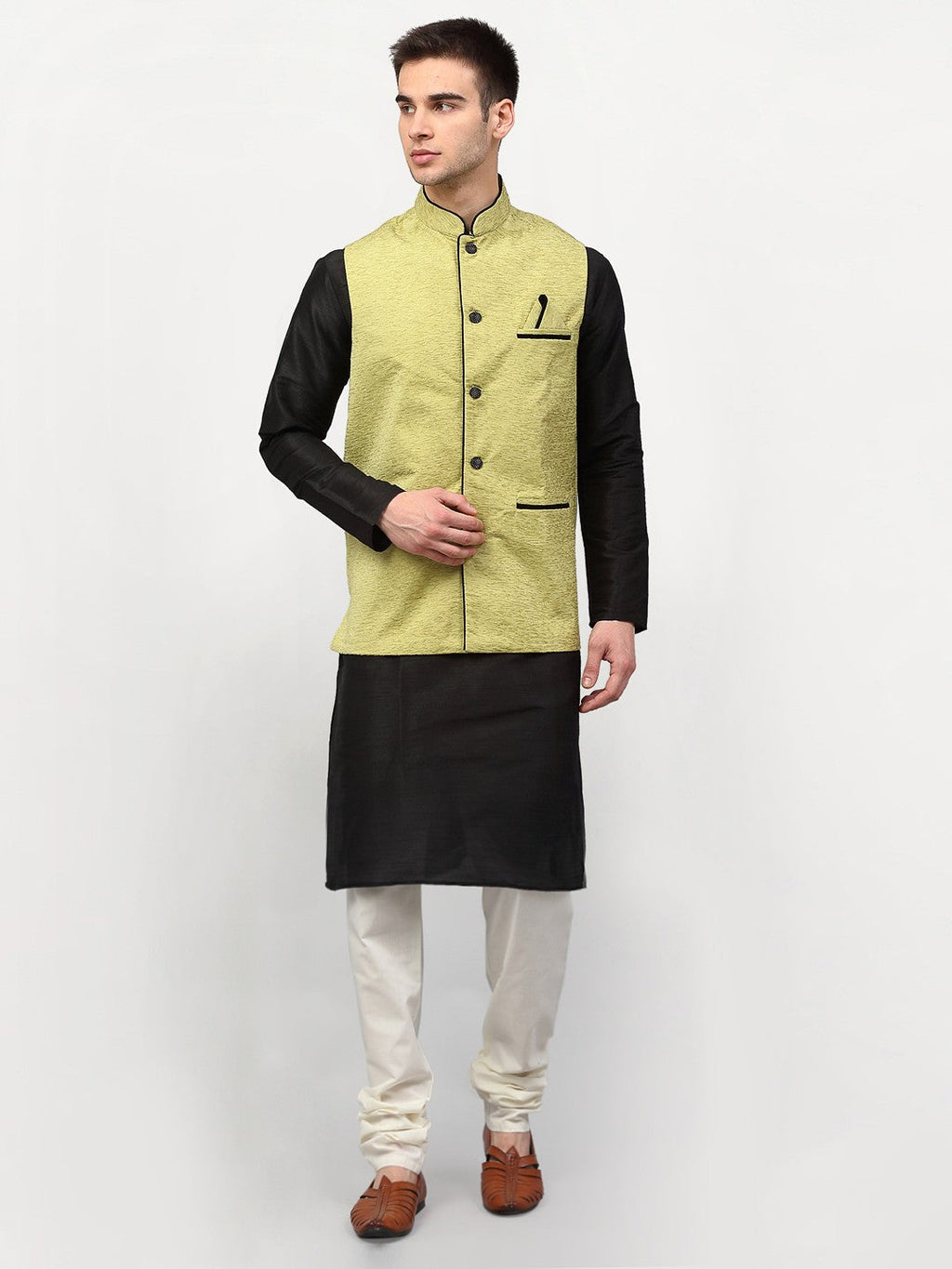 Jompers Men's Black Dupion Silk Kurta with Churidar & Nehru Jacket ( Green )