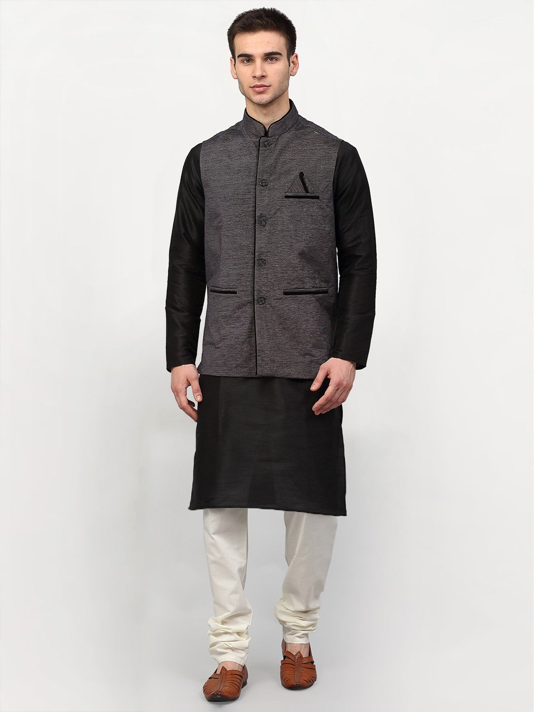 Jompers Men's Black Dupion Silk Kurta with Churidar & Nehru Jacket ( Grey )