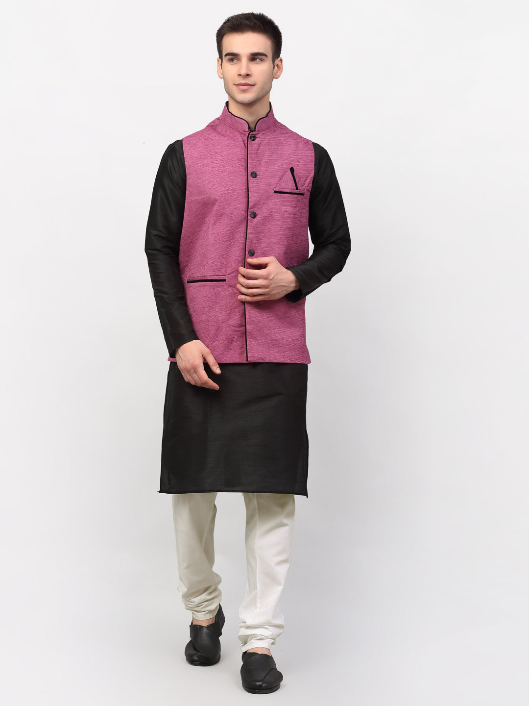 Jompers Men's Black Dupion Silk Kurta with Churidar & Nehru Jacket ( Purple )