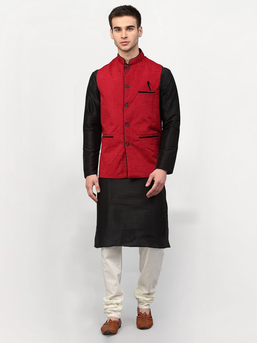 Jompers Men Black Dupion Silk Kurta with Chudidar & Nehru Jacket (Red)