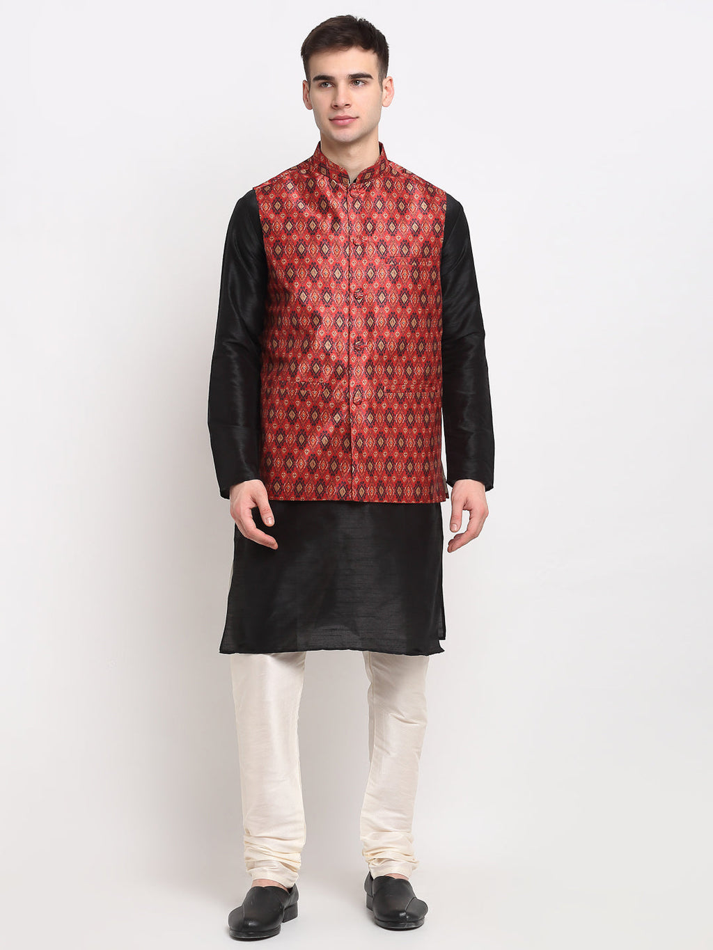 Jompers Men's Black Dupion Silk Kurta with Churidar & Nehru Jacket ( Red )