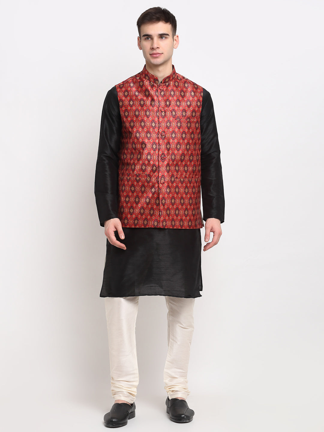 Jompers Men's Black Dupion Silk Kurta with Churidar & Nehru Jacket ( Red )