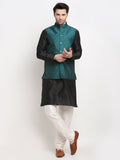 Jompers Men's Black Dupion Silk Kurta with Churidar And Nehru Jacket (Green )