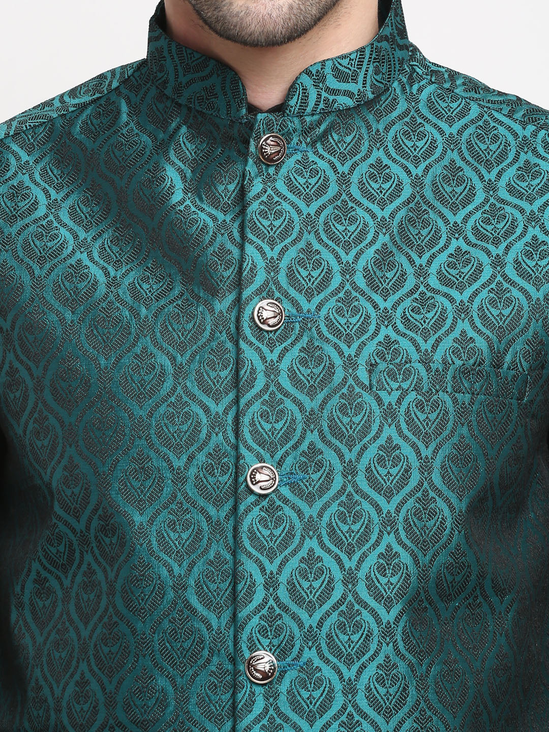 Jompers Men's Black Dupion Silk Kurta with Churidar And Nehru Jacket (Green )