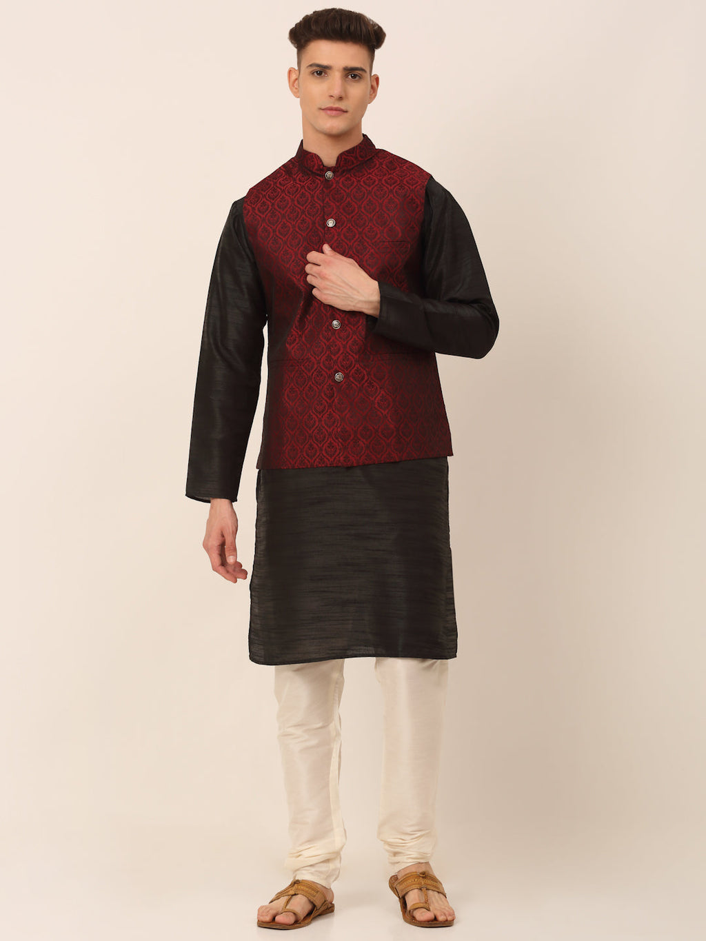 Jompers Men's Woven Design Nehru Jacket and Kurta Pyjama Set - Maroon