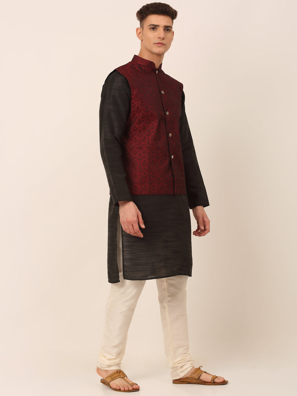 Jompers Men's Woven Design Nehru Jacket and Kurta Pyjama Set - Maroon