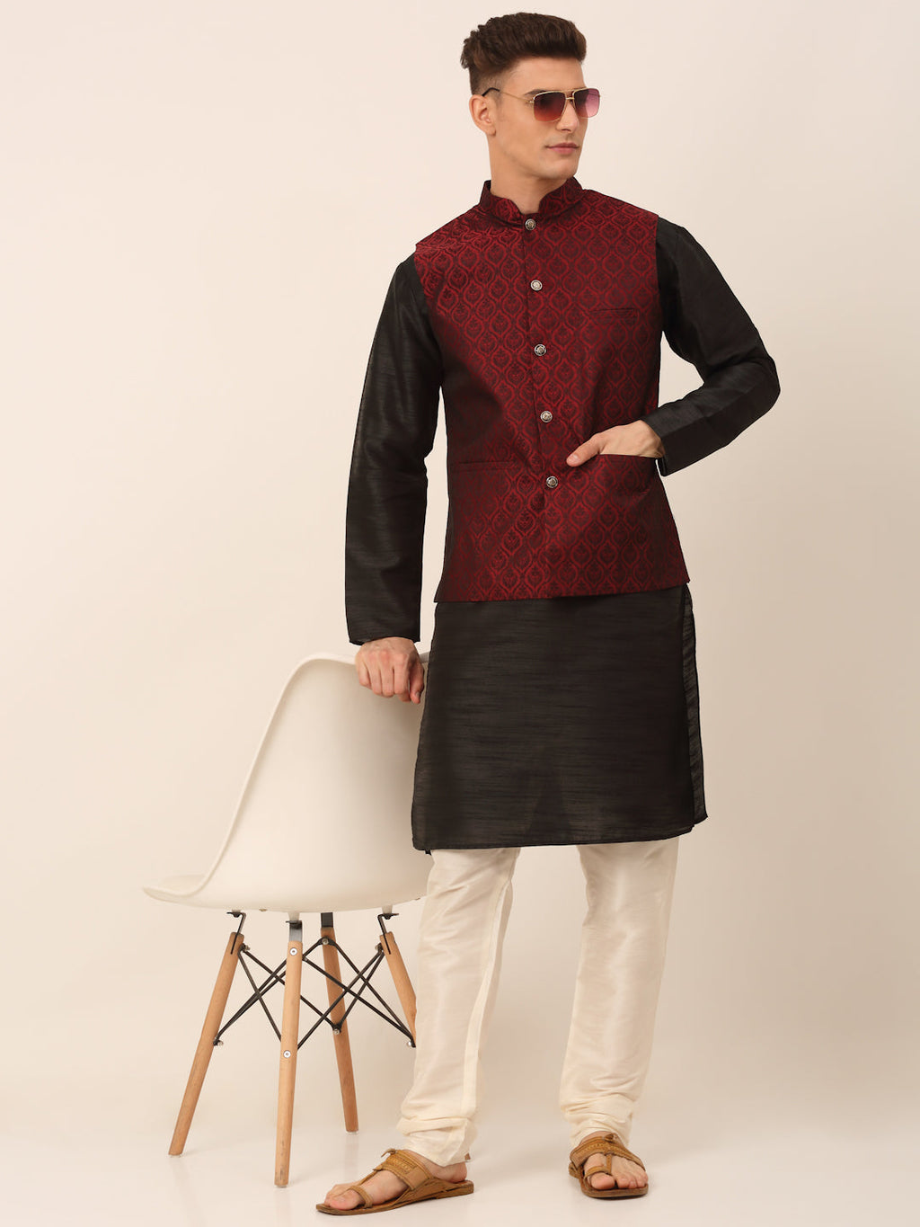 Jompers Men's Woven Design Nehru Jacket and Kurta Pyjama Set - Maroon
