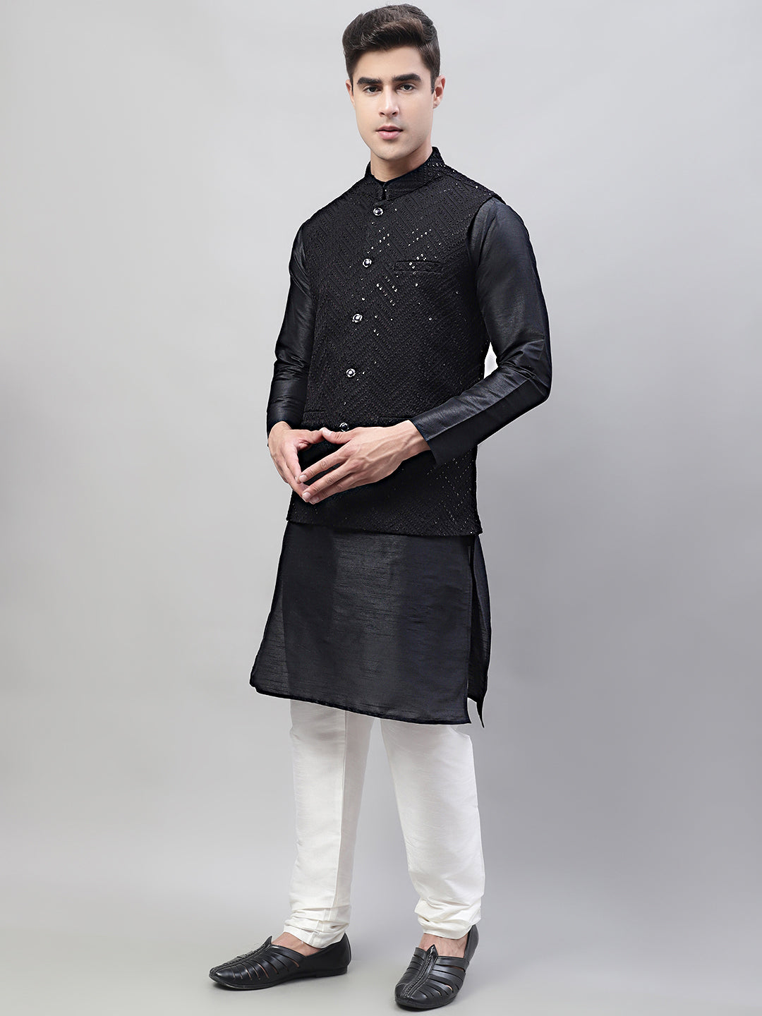 Jompers Men's Black Solid Kurta Pyjama with Black Embroidered Nehru Jacket