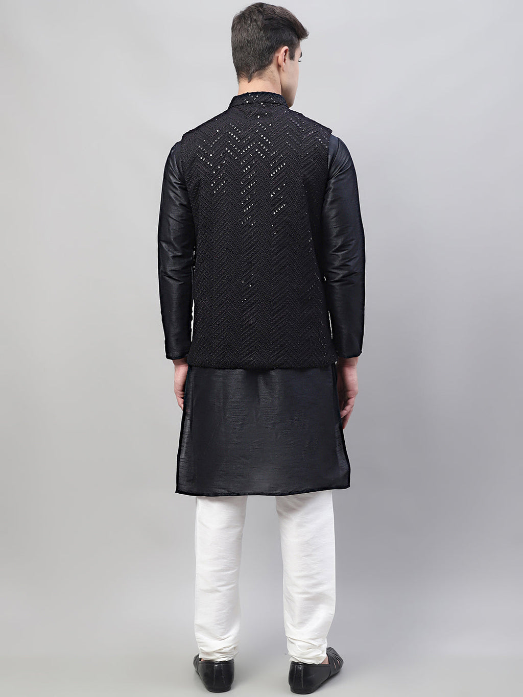 Jompers Men's Black Solid Kurta Pyjama with Black Embroidered Nehru Jacket