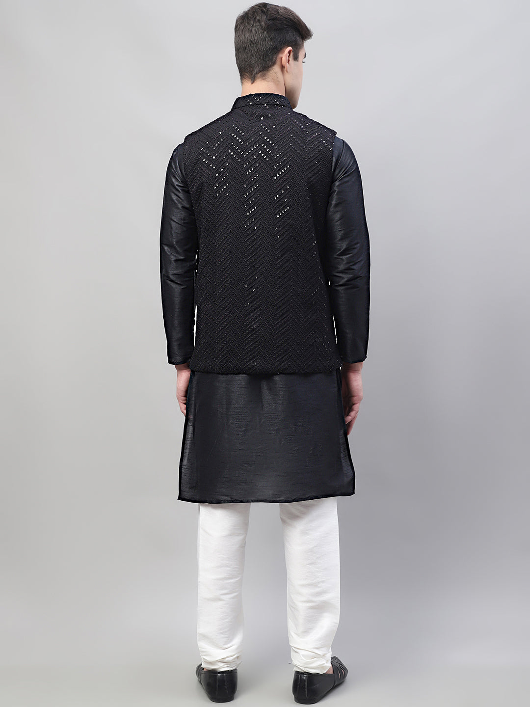 Jompers Men's Black Solid Kurta Pyjama with Black Embroidered Nehru Jacket