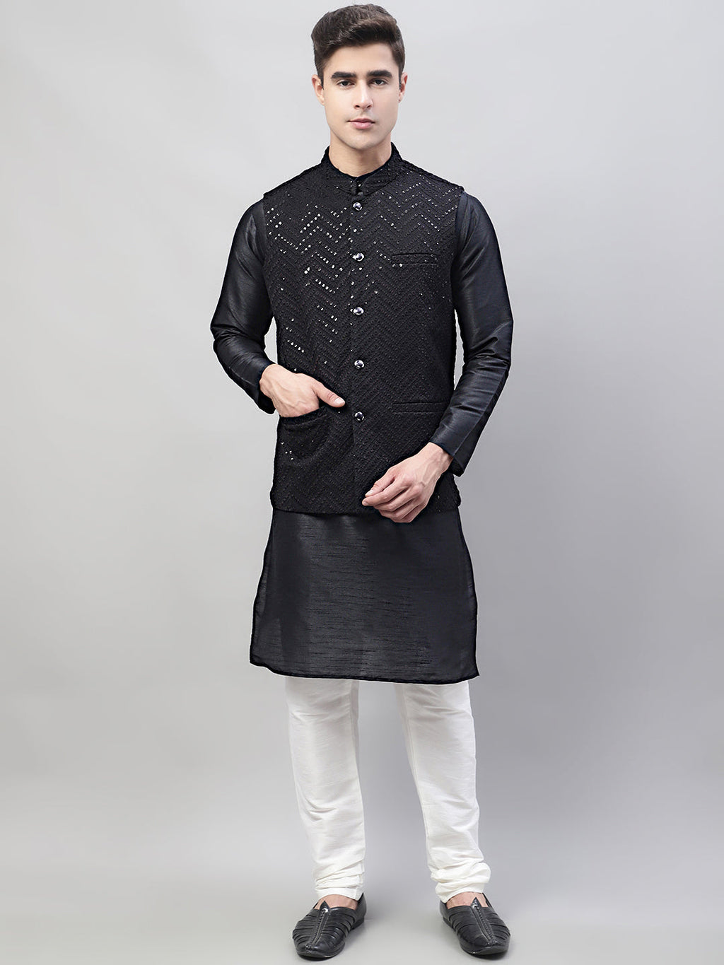 Jompers Men's Black Solid Kurta Pyjama with Black Embroidered Nehru Jacket
