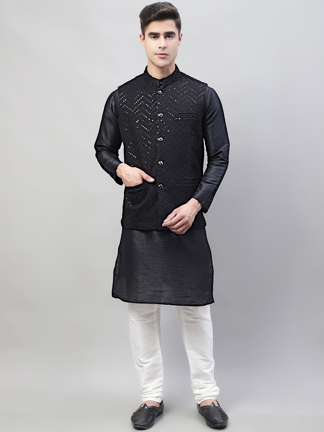 Jompers Men's Black Solid Kurta Pyjama with Black Embroidered Nehru Jacket