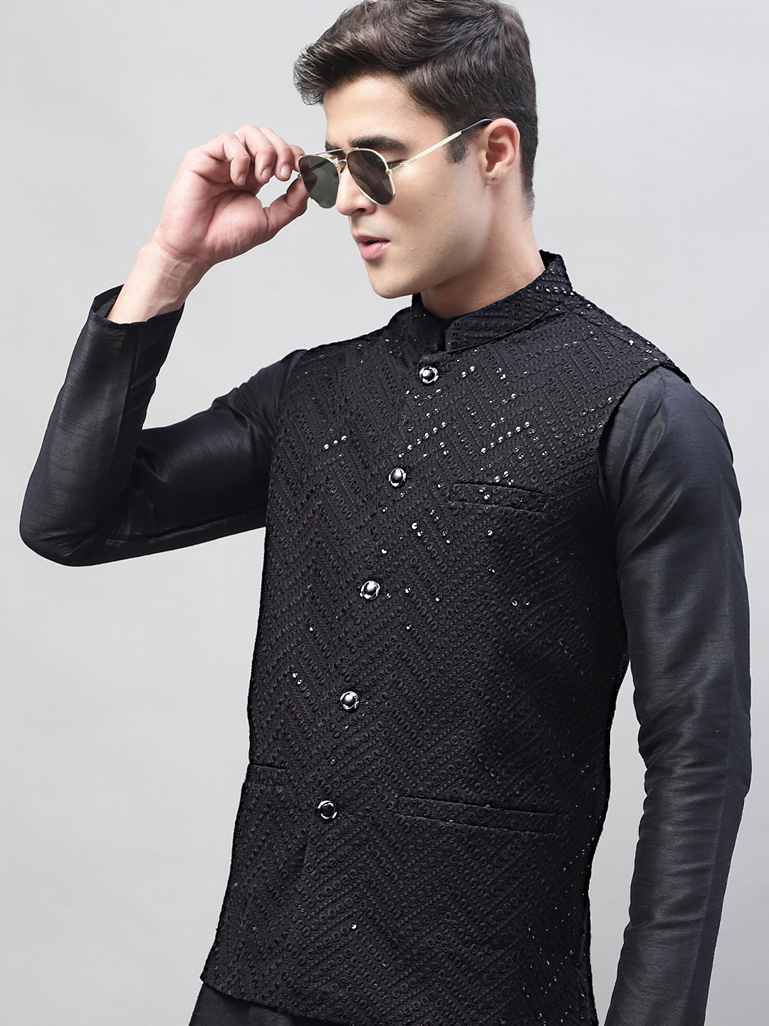 Jompers Men's Black Solid Kurta Pyjama with Black Embroidered Nehru Jacket