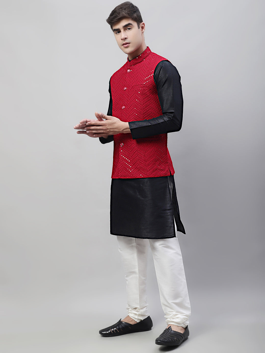 Jompers Men's Black Solid Kurta Pyjama with Maroon Embroidered Nehru Jacket