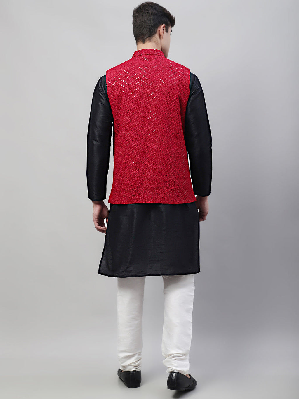Jompers Men's Black Solid Kurta Pyjama with Maroon Embroidered Nehru Jacket