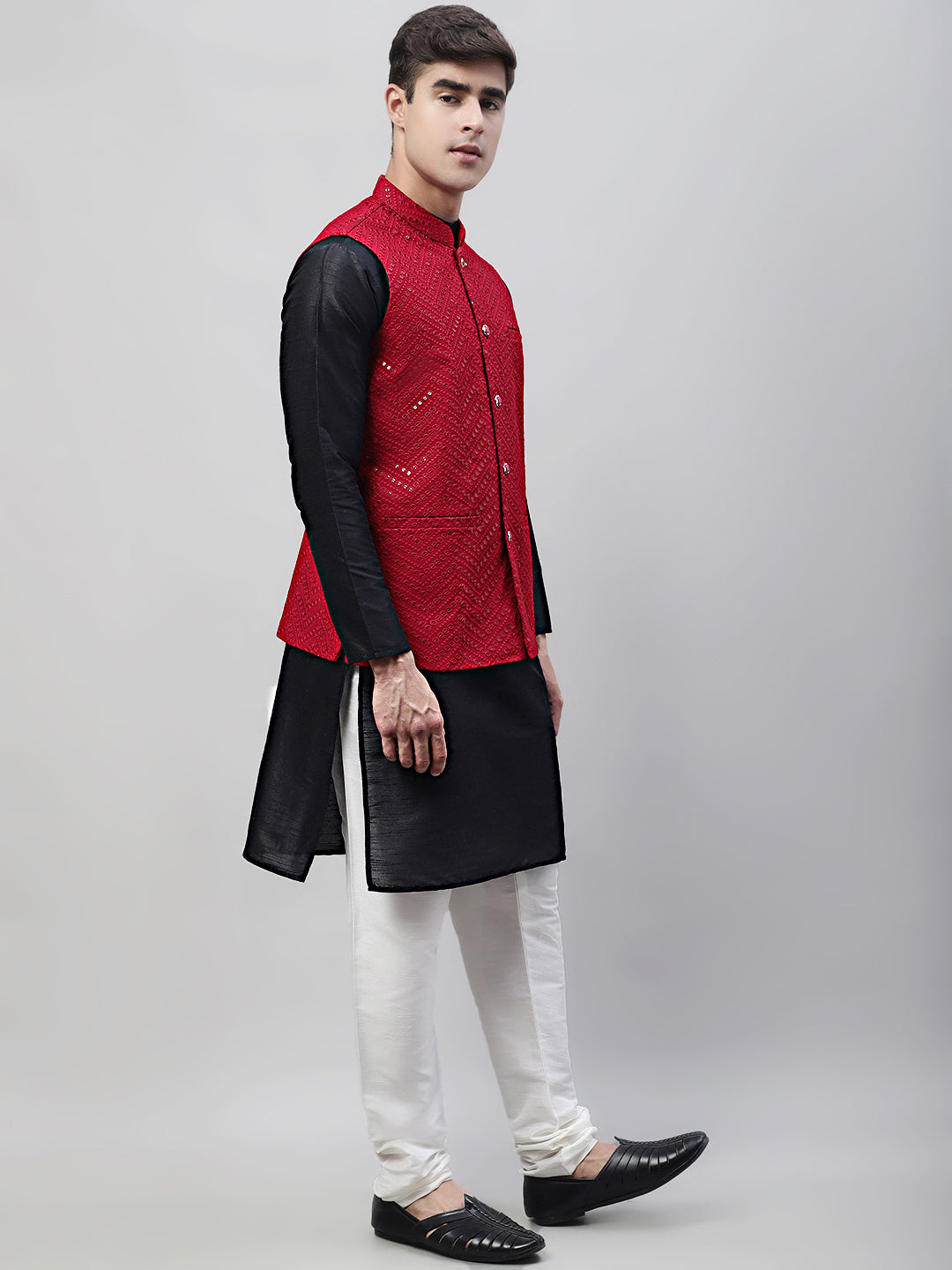 Jompers Men's Black Solid Kurta Pyjama with Maroon Embroidered Nehru Jacket