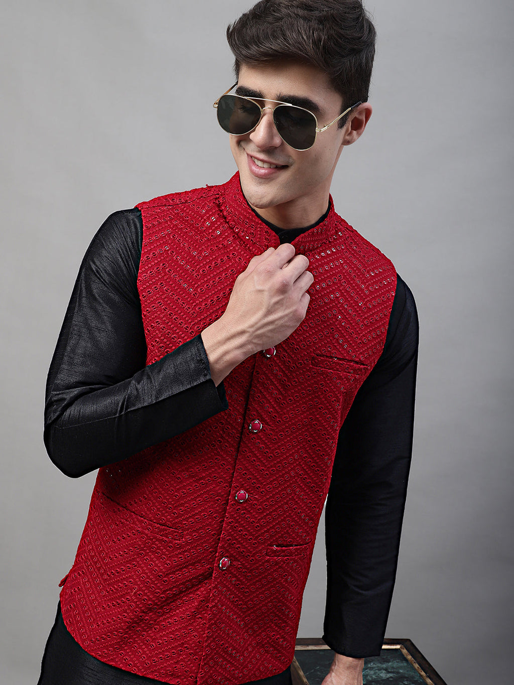 Jompers Men's Black Solid Kurta Pyjama with Maroon Embroidered Nehru Jacket