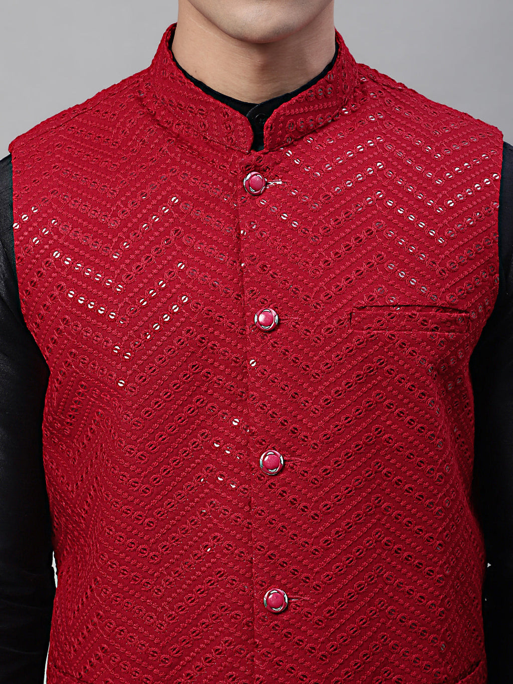 Jompers Men's Black Solid Kurta Pyjama with Maroon Embroidered Nehru Jacket