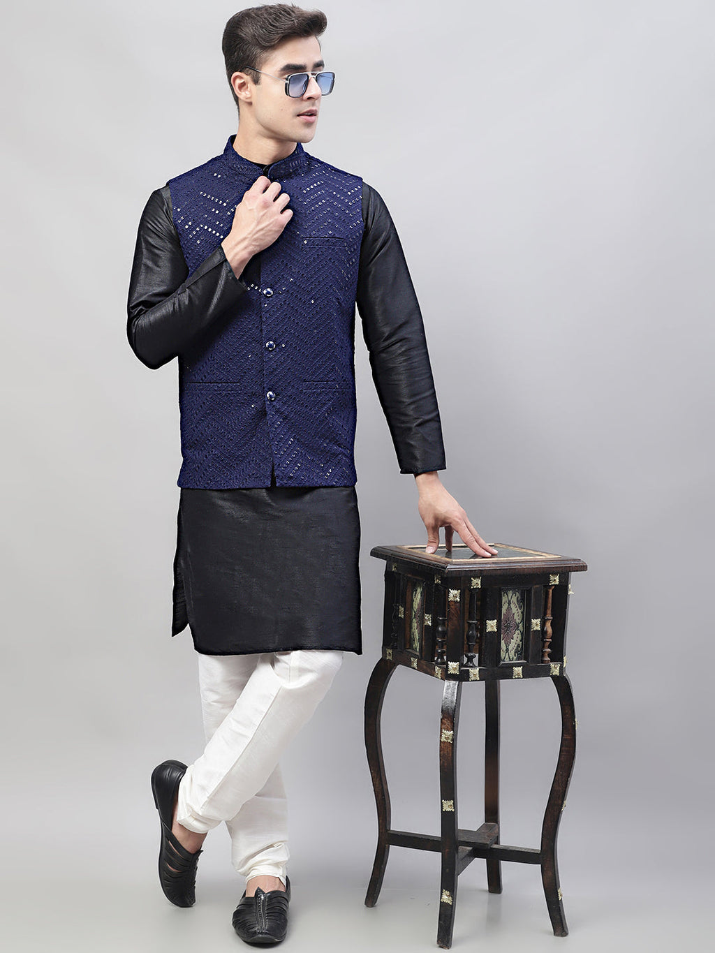 Jompers Men's Black Solid Kurta Pyjama with Navy Blue Embroidered Nehru Jacket