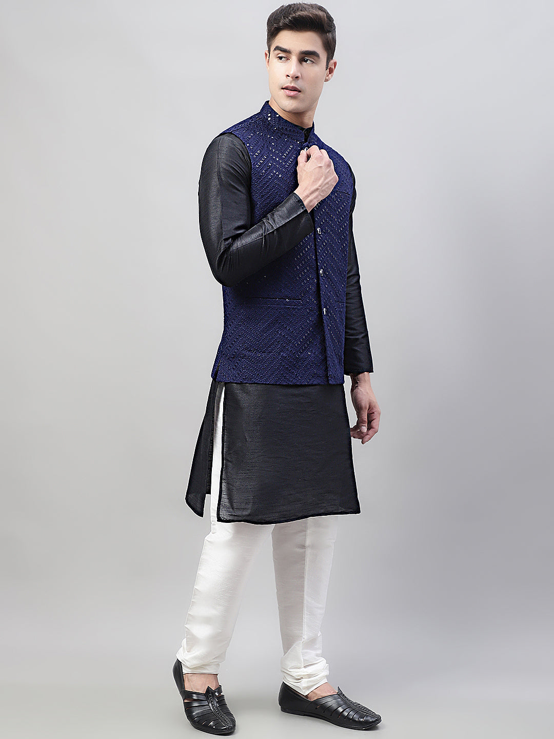 Jompers Men's Black Solid Kurta Pyjama with Navy Blue Embroidered Nehru Jacket