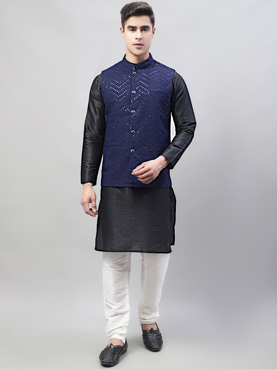 Jompers Men's Black Solid Kurta Pyjama with Navy Blue Embroidered Nehru Jacket