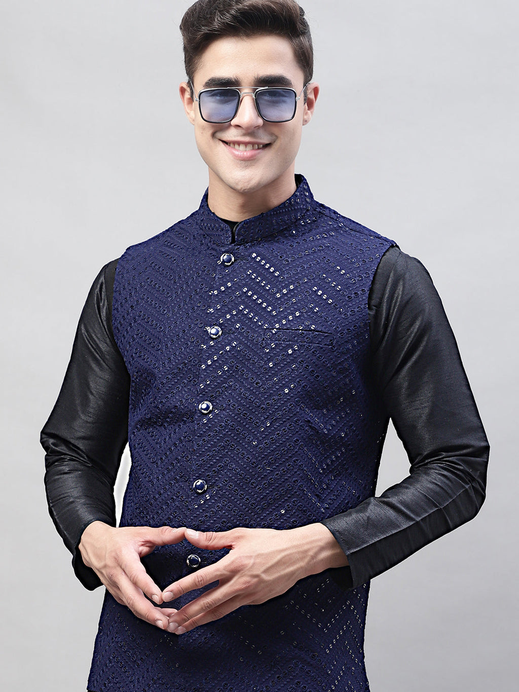 Jompers Men's Black Solid Kurta Pyjama with Navy Blue Embroidered Nehru Jacket