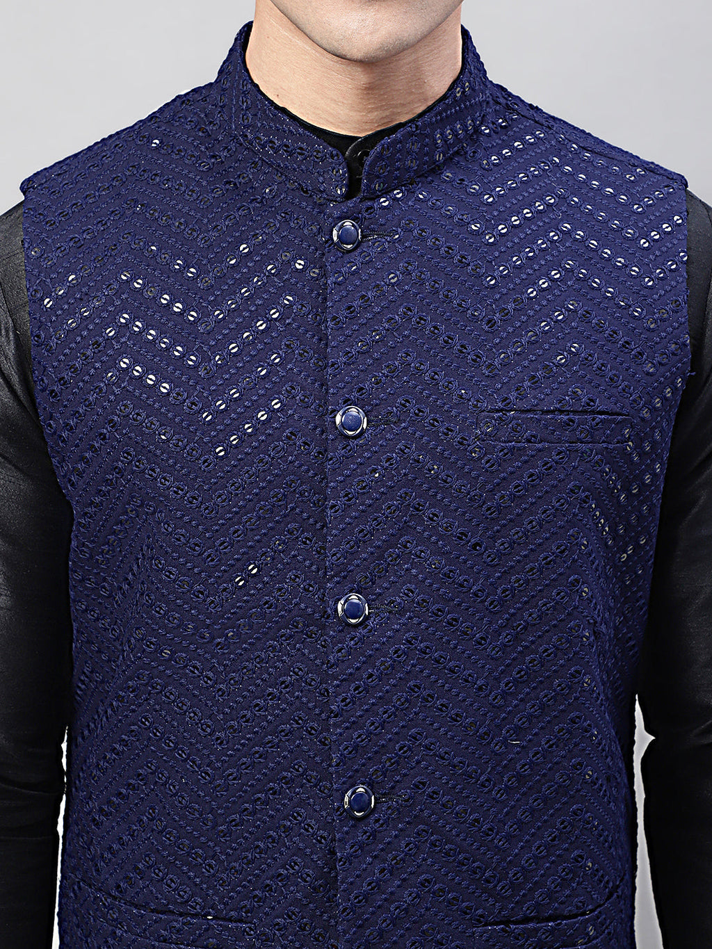 Jompers Men's Black Solid Kurta Pyjama with Navy Blue Embroidered Nehru Jacket