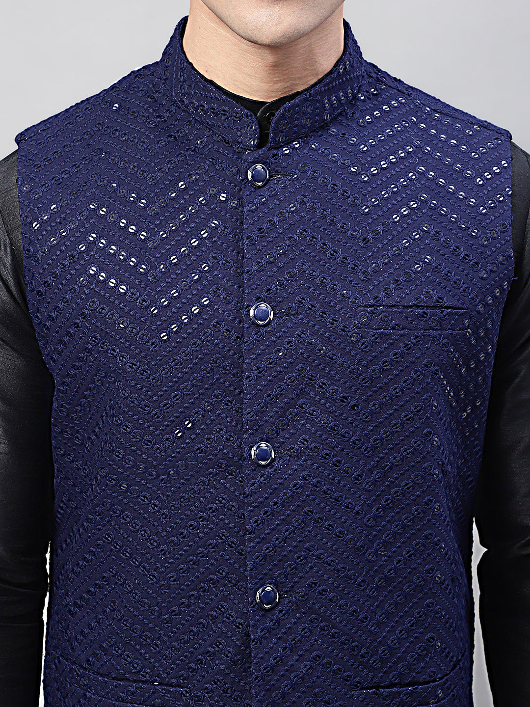Jompers Men's Black Solid Kurta Pyjama with Navy Blue Embroidered Nehru Jacket