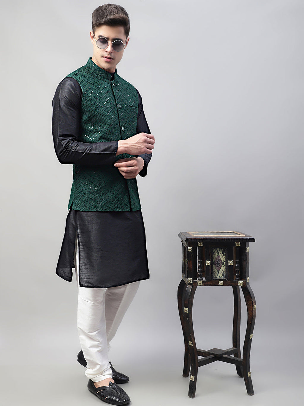 Jompers Men's Black Solid Kurta Pyjama with Olive Green Embroidered Nehru Jacket
