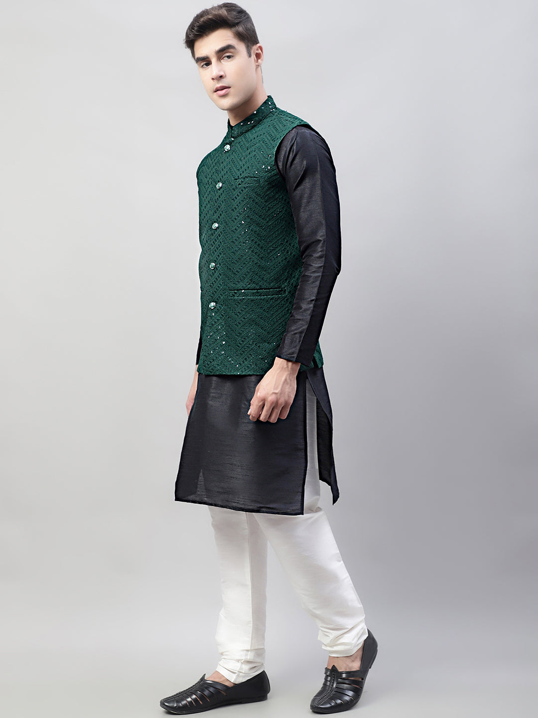 Jompers Men's Black Solid Kurta Pyjama with Olive Green Embroidered Nehru Jacket