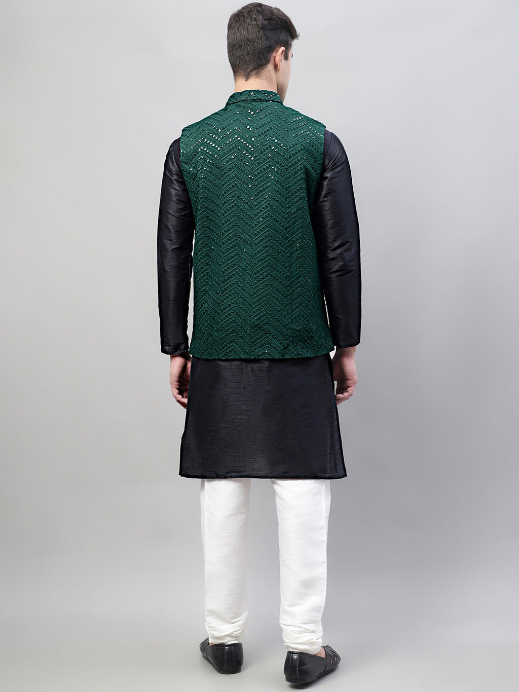 Jompers Men's Black Solid Kurta Pyjama with Olive Green Embroidered Nehru Jacket