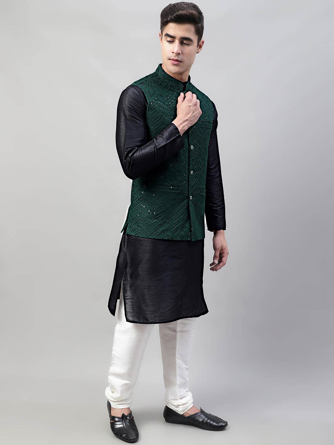 Jompers Men's Black Solid Kurta Pyjama with Olive Green Embroidered Nehru Jacket