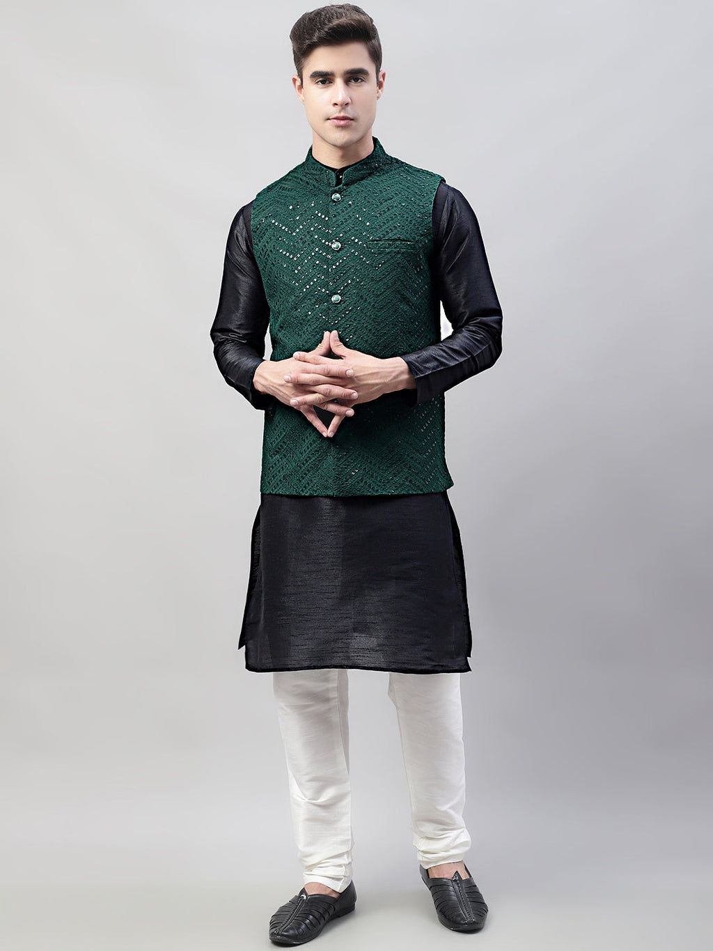 Jompers Men's Black Solid Kurta Pyjama with Olive Green Embroidered Nehru Jacket