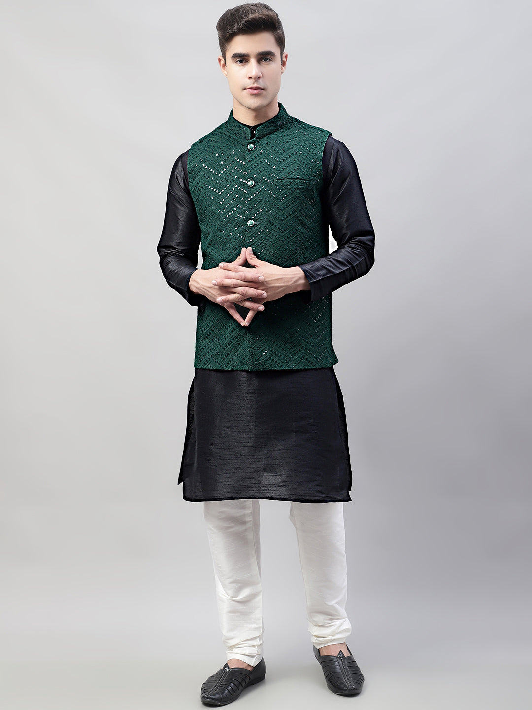Jompers Men's Black Solid Kurta Pyjama with Olive Green Embroidered Nehru Jacket