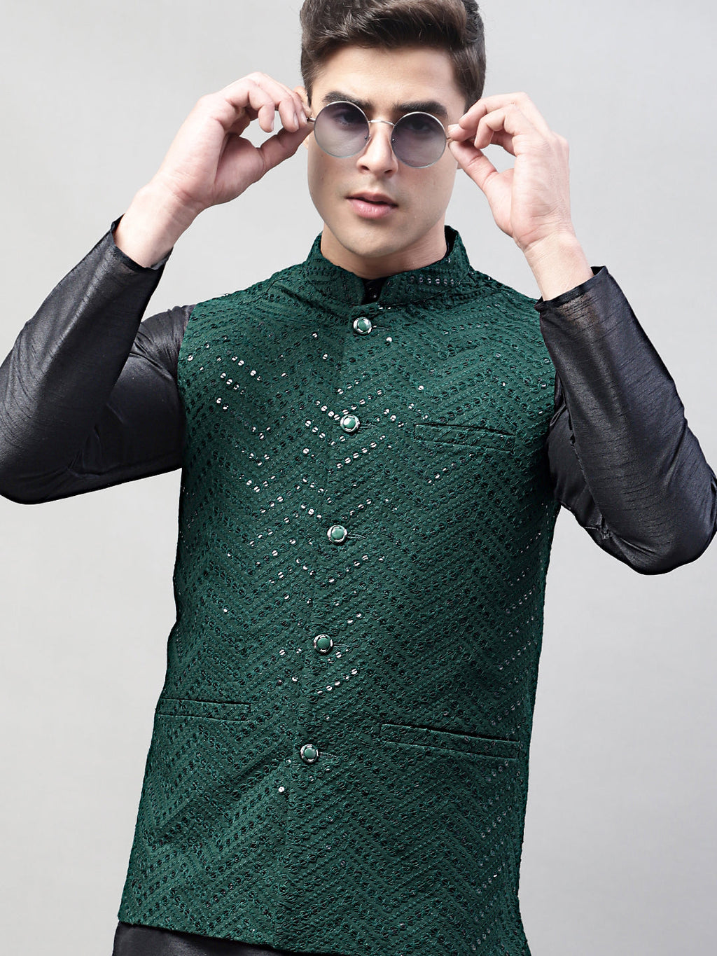 Jompers Men's Black Solid Kurta Pyjama with Olive Green Embroidered Nehru Jacket
