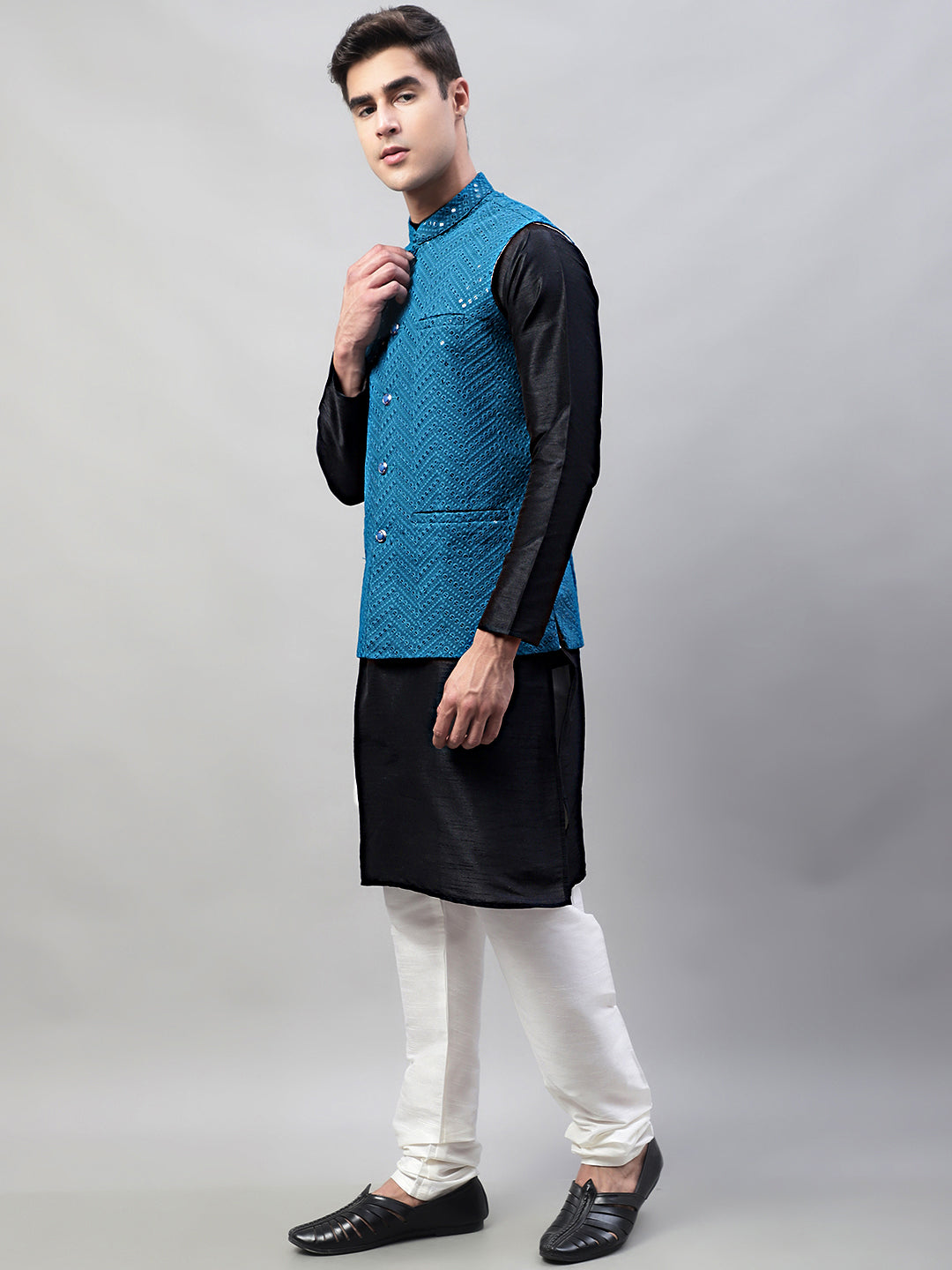 Jompers Men's Black Solid Kurta Pyjama with Blue Embroidered Nehru Jacket