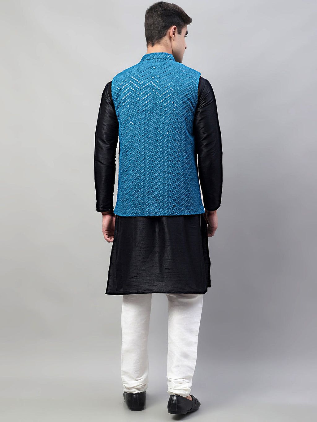 Jompers Men's Black Solid Kurta Pyjama with Blue Embroidered Nehru Jacket