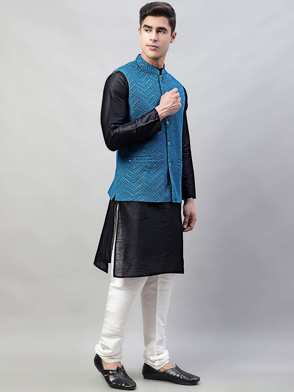Jompers Men's Black Solid Kurta Pyjama with Blue Embroidered Nehru Jacket