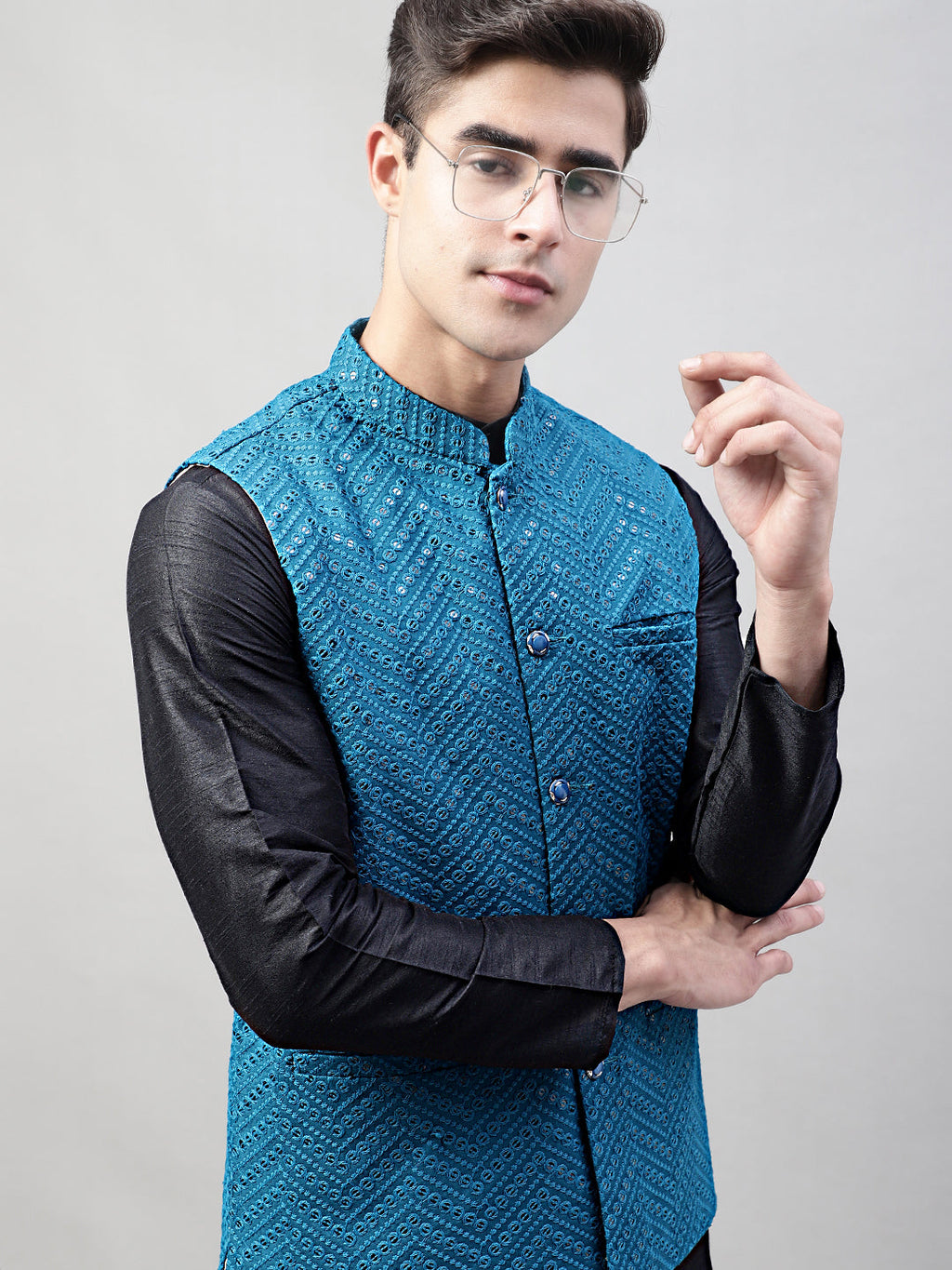 Jompers Men's Black Solid Kurta Pyjama with Blue Embroidered Nehru Jacket