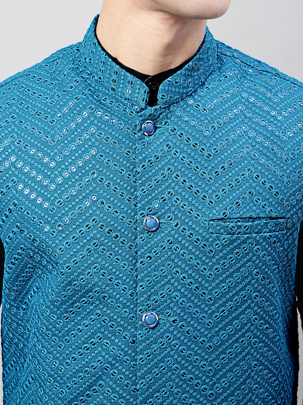 Jompers Men's Black Solid Kurta Pyjama with Blue Embroidered Nehru Jacket