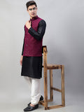Jompers Men's Black Solid Kurta Pyjama with Purple Embroidered Nehru Jacket