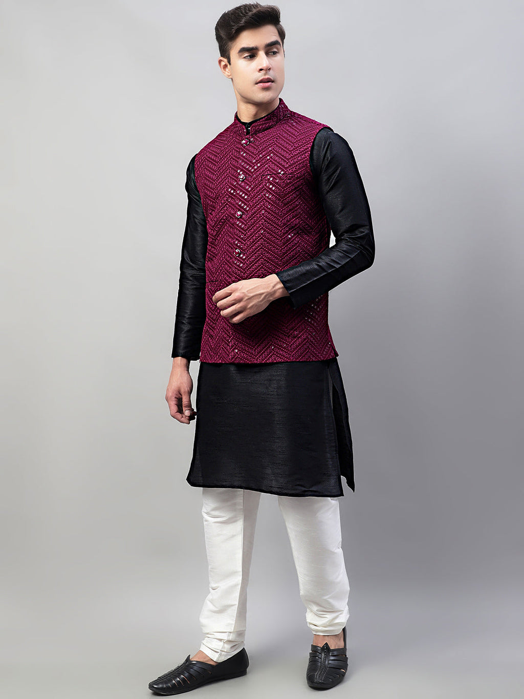 Jompers Men's Black Solid Kurta Pyjama with Purple Embroidered Nehru Jacket