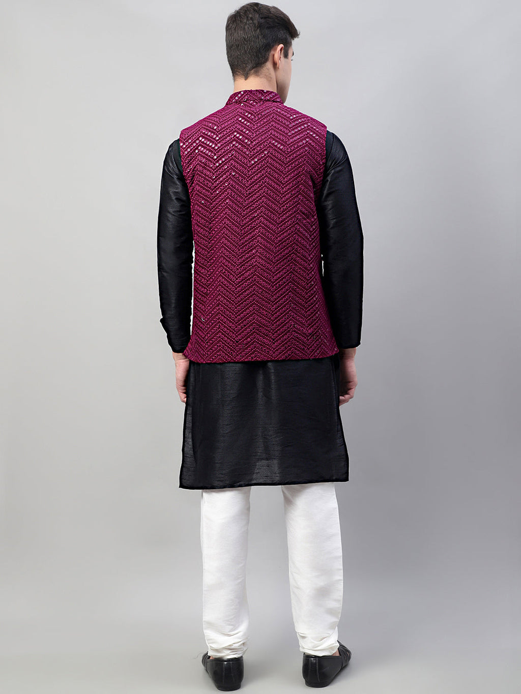 Jompers Men's Black Solid Kurta Pyjama with Purple Embroidered Nehru Jacket