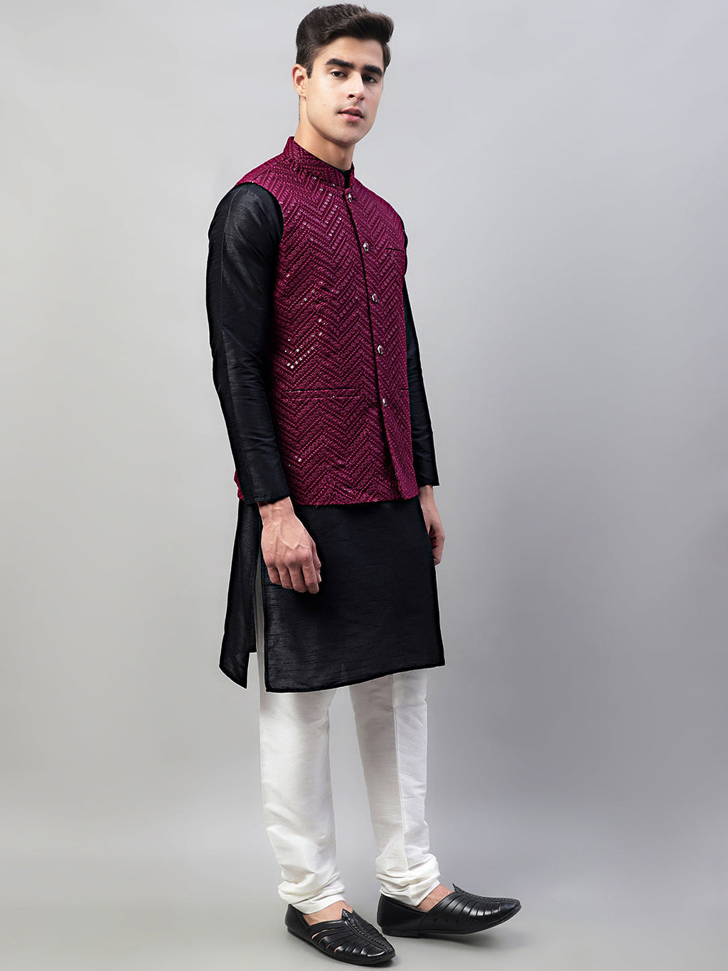Jompers Men's Black Solid Kurta Pyjama with Purple Embroidered Nehru Jacket