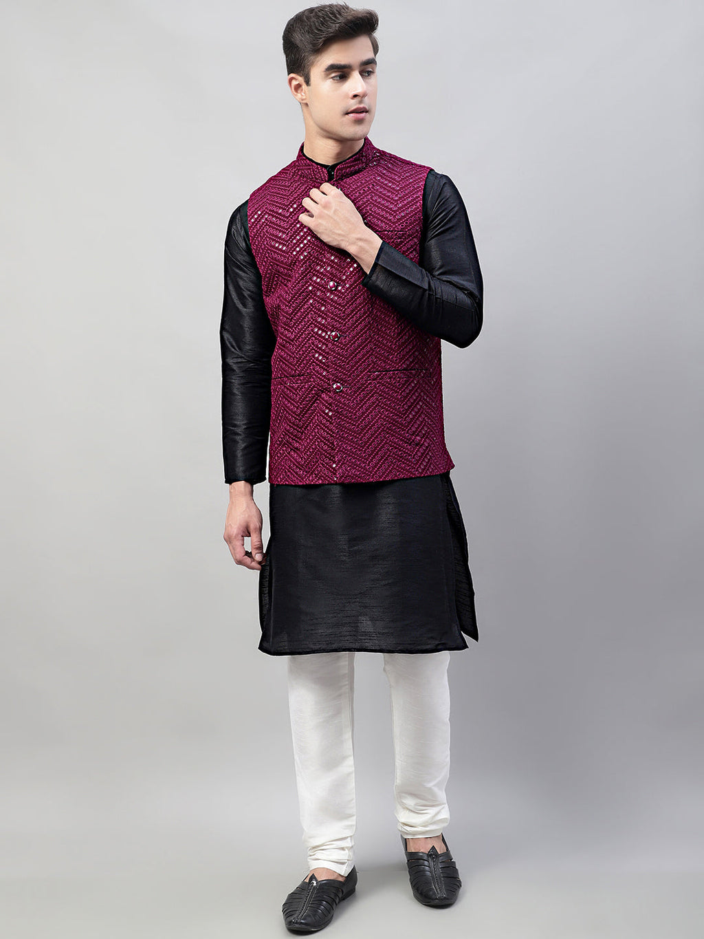 Jompers Men's Black Solid Kurta Pyjama with Purple Embroidered Nehru Jacket