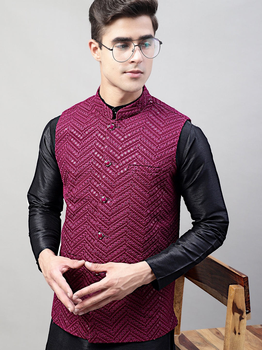 Jompers Men's Black Solid Kurta Pyjama with Purple Embroidered Nehru Jacket